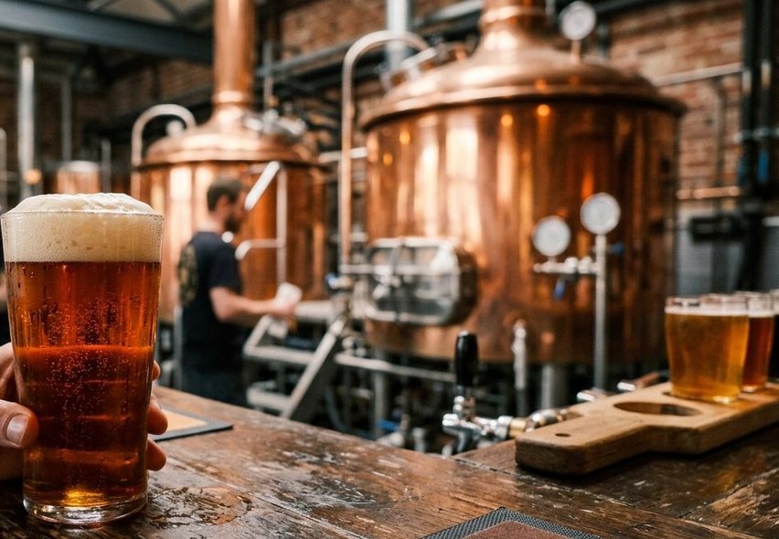 Un verre de bière ambrée tenu au comptoir d'une brasserie artisanale, cuves en cuivre en arrière-plan