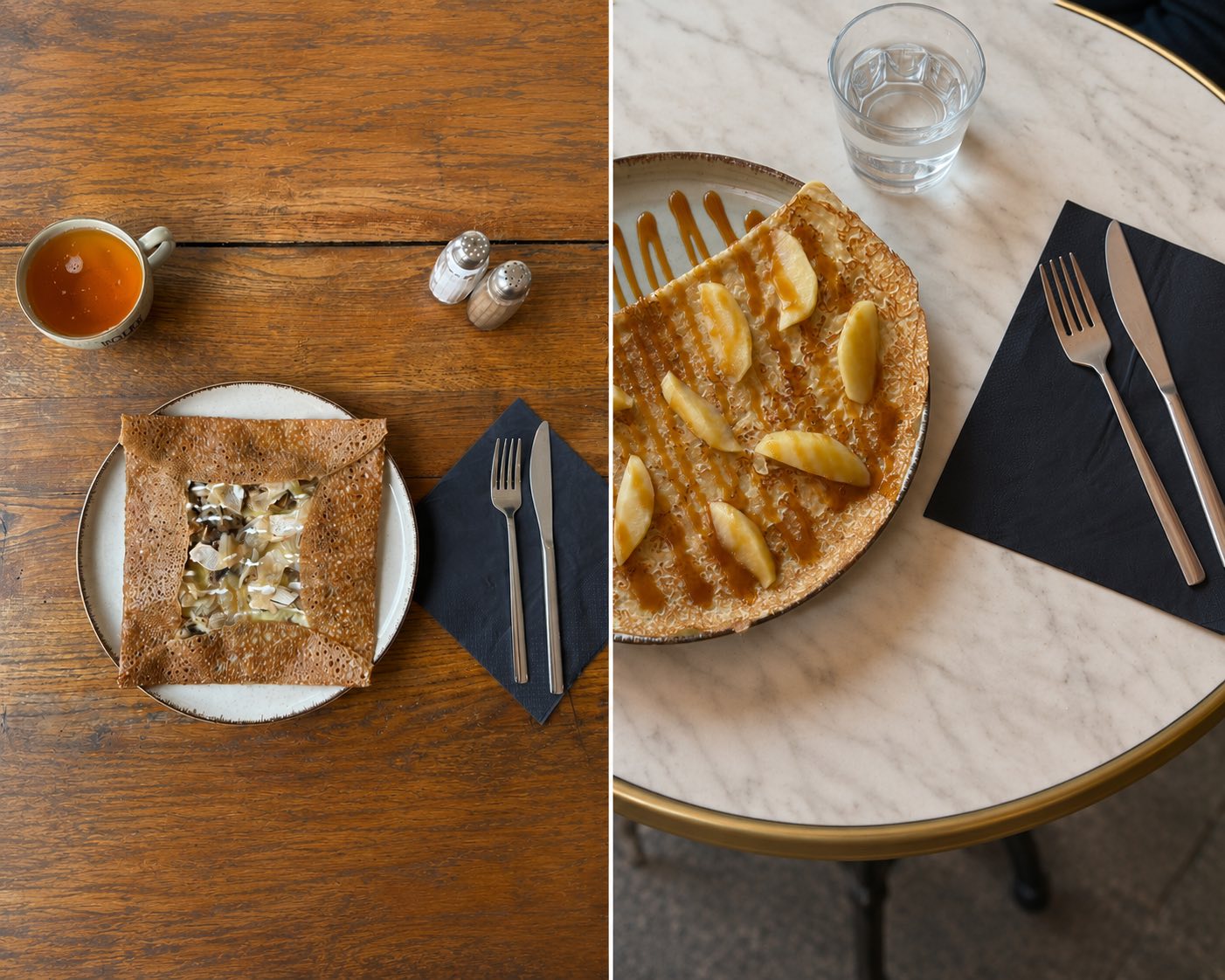 Une galette de sarrasin garnie et une crêpe de froment au caramel et aux pommes, servies côte à côte
