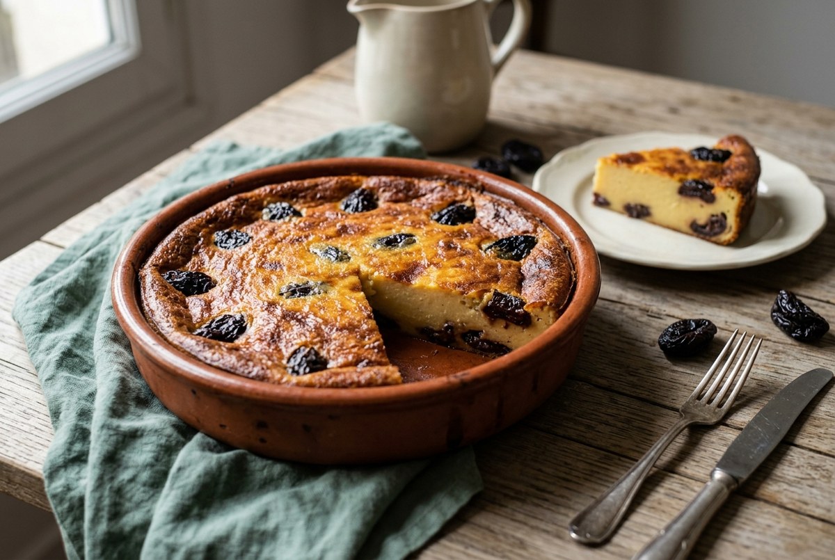 Un far breton aux pruneaux dans son plat en terre cuite, une part servie sur une assiette