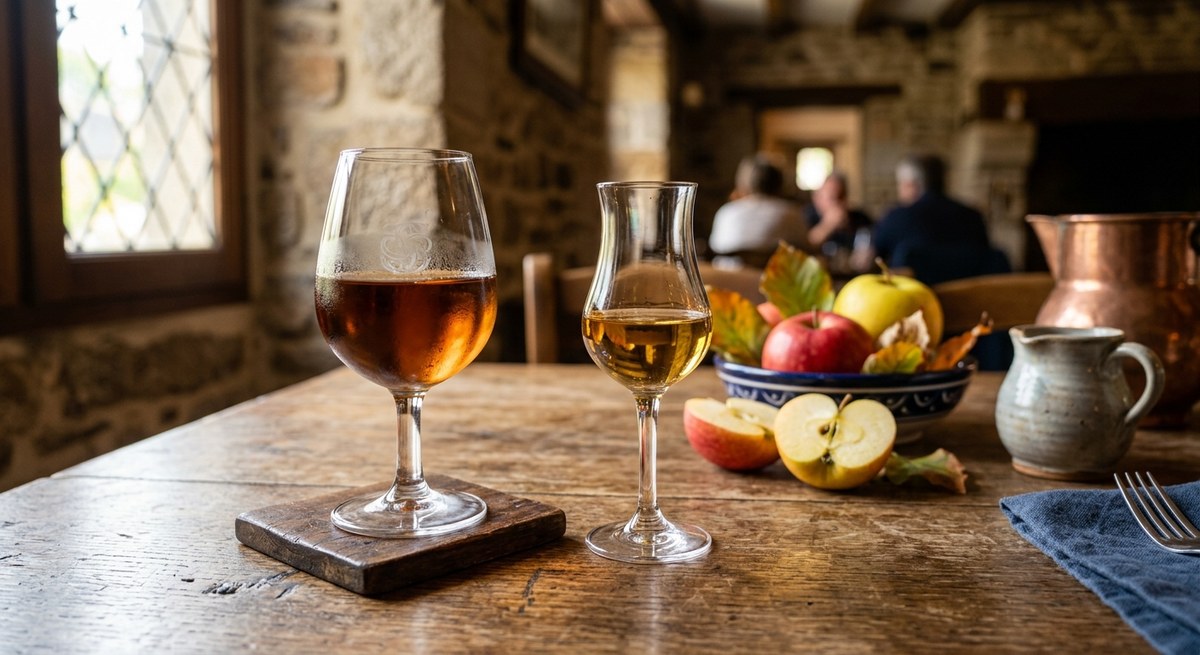 Deux verres de spiritueux à la pomme sur une table en bois, avec des pommes et un pichet en cuivre